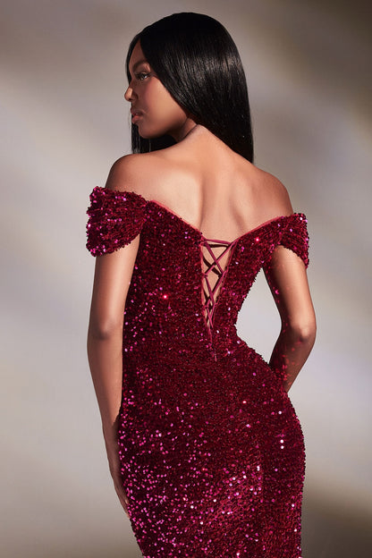 Red | Off-Shoulder Sequin Slit Gown – Sweetheart Neckline Formal Dress  CDCA109